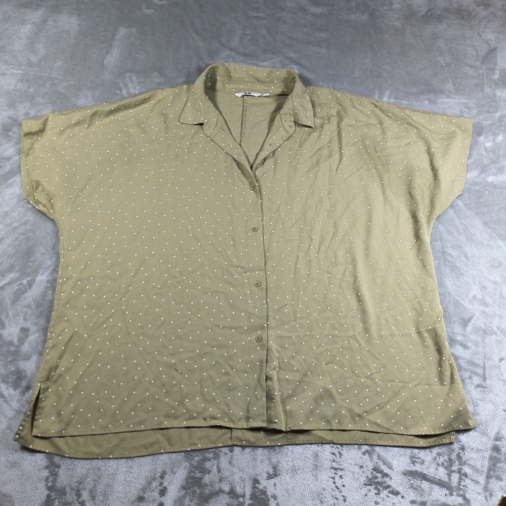 Uniqlo Blouse Womens XXL Green Polka Dot Button Up‎ Rayon Printed Short Sleeve